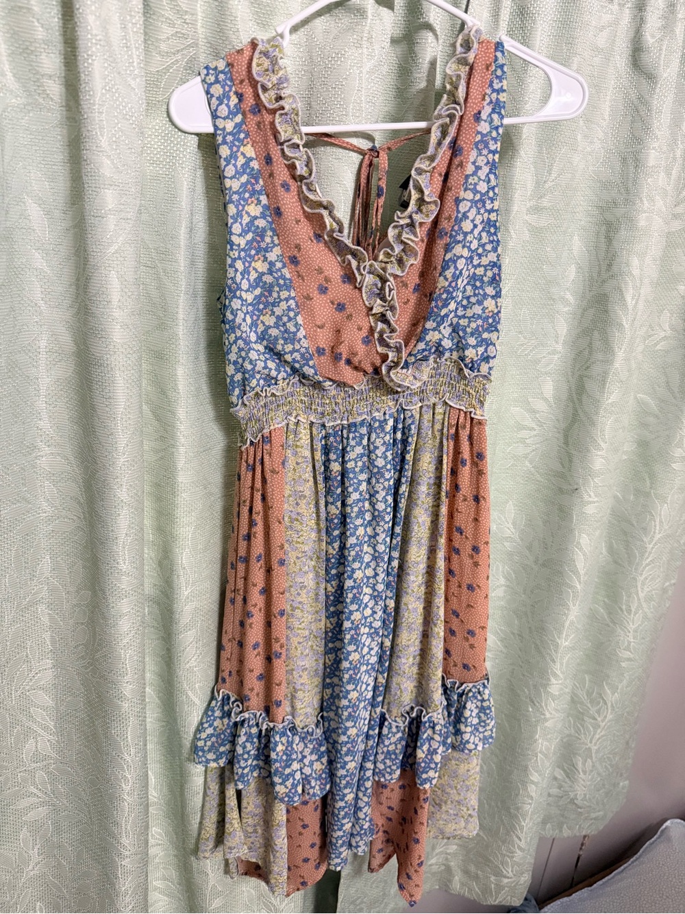 Boho Patchwork Ruffle V-Neck Dress in Blue, Rust & Cream